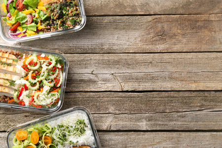 Healthy meal. Containers with different products on wooden table, flat lay. Space for textの写真素材