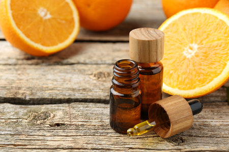 Essential oils in bottles, dropper and oranges on wooden tableの写真素材