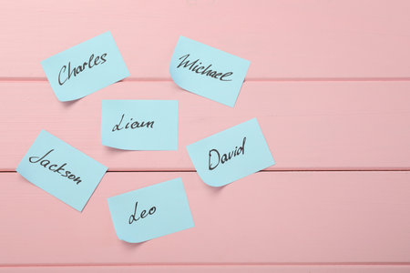 Choosing baby's name. Paper stickers with different names on pink wooden background, flat lay. Space for textの写真素材