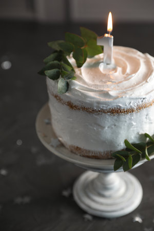 Tasty Birthday cake with burning candle and eucalyptus branches on gray table, closeup