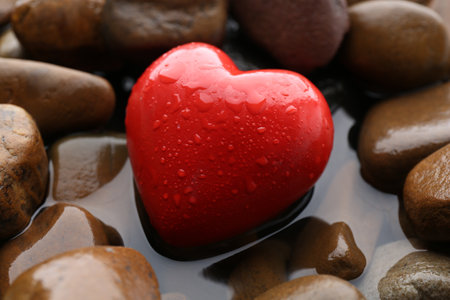 Red decorative heart on stones and water, closeupの写真素材