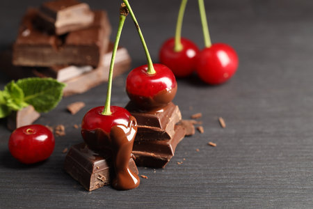Fresh cherries with chocolate on gray wooden table, space for textの写真素材
