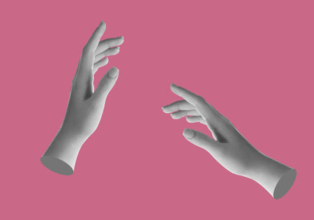 Female hands on dark pink background, stylish art collageの写真素材