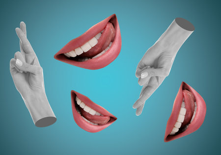 Female lips and hands with crossed fingers on blue gradient background, stylish art collageの写真素材
