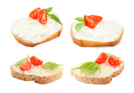 Delicious sandwiches with cream cheese isolated on white, setの写真素材