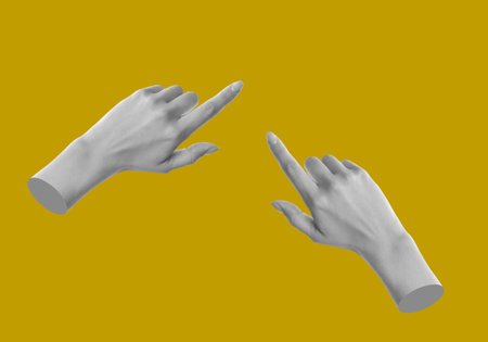 Female hands on golden background, stylish art collageの写真素材