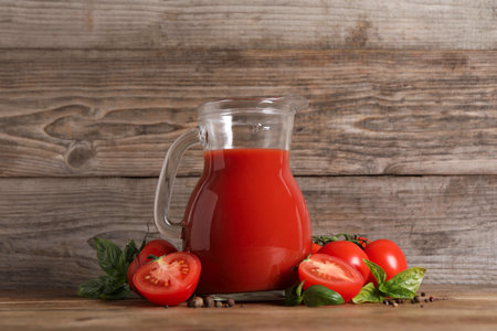 Tasty tomato juice in glass jug, fresh vegetables and spices on wooden tableの写真素材