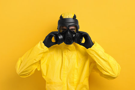 Worker in gas mask on yellow background