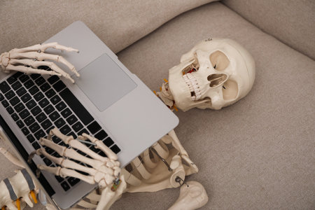 Waiting concept. Human skeleton with laptop on sofa
