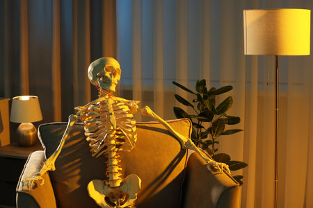 Waiting concept. Human skeleton sitting in armchair indoorsの写真素材