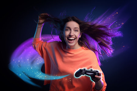 Excited woman playing video game with controller on dark background. Colorful light coming out from...