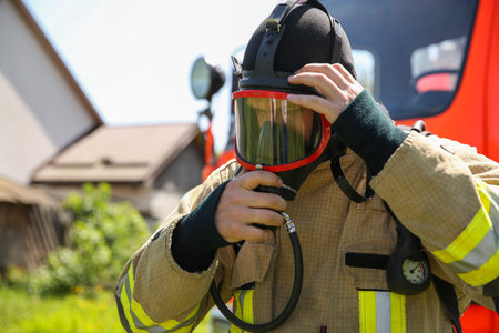 Firefighter in uniform wearing helmet and mask outdoors