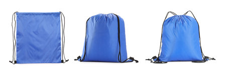 Blue drawstring sports bags isolated on white, setの写真素材