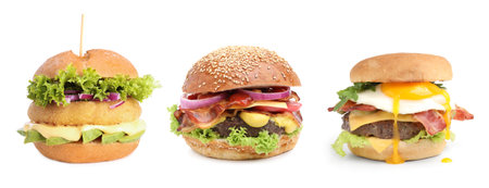 Different delicious burgers isolated on white, setの写真素材