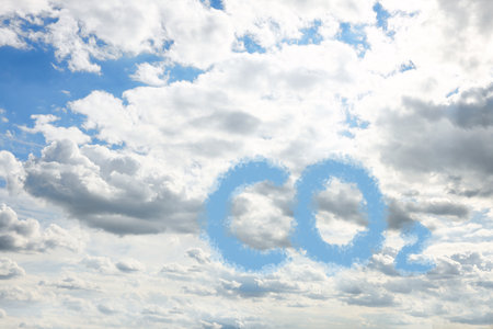 Blue sky with CO2 chemical formula and clouds. Carbon dioxide emissionsの写真素材