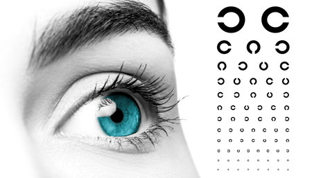 Landolt ring chart and closeup of woman's eye on white background, banner design. Color toned