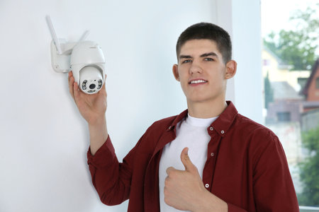 Man showing thumbs up near CCTV camera on wall indoorsの写真素材