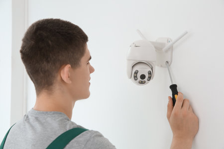 Technician with screwdriver installing CCTV camera on wall indoors