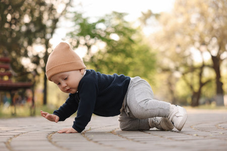 Learning to walk. Little baby crawling in parkの写真素材
