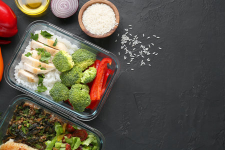 Healthy diet. Different meals in glass containers and products on black table, flat lay. Space for...