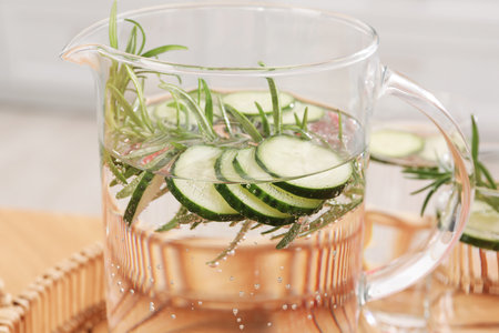 Refreshing cucumber water with rosemary in jug on blurred background, closeupの写真素材