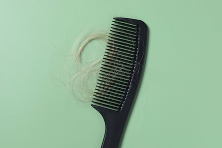 Comb with lost hair on green background, top viewの写真素材