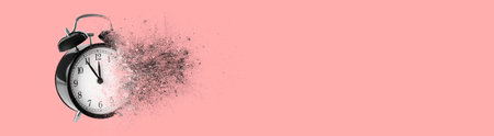 Black alarm clock dissolving on pink background, banner design with space for text. Flow of time