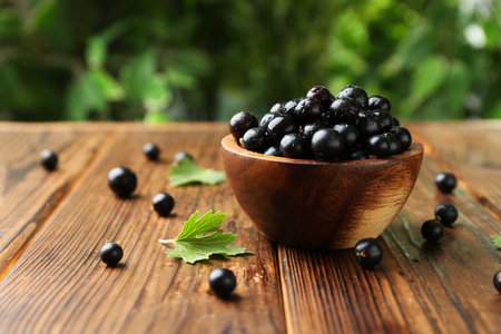 Ripe black currants and leaves in bowl on wooden table, space for textの写真素材