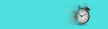 Black alarm clock dissolving on turquoise background, banner design with space for text. Flow of...