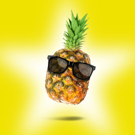 Summer vibe. Pineapple with sunglasses on yellow background. Party flyer or other seasonalの写真素材