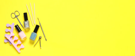 Nail polishes and set of pedicure tools on yellow background, flat lay. Banner design with space for textの写真素材