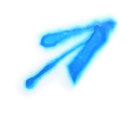 Arrow drawn by blue spray paint isolated on white, top viewの写真素材
