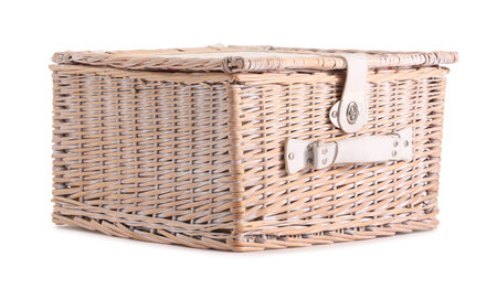 One picnic wicker basket isolated on whiteの写真素材