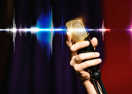 Singer holding microphone on stage, closeup. Audio waveform