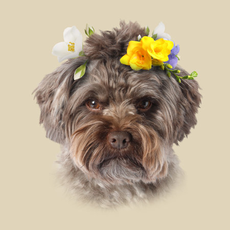Dog portrait. Cute Maltipoo with flowers on beige backgroundの写真素材