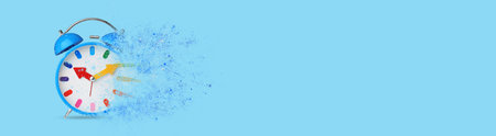 Bright alarm clock dissolving on light blue background, banner design with space for text. Flow of...