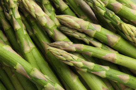 Fresh green asparagus stems as background, top viewの写真素材