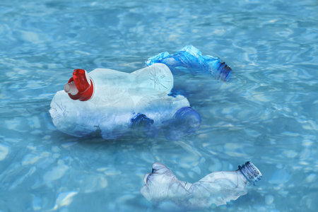 Sea with plastic garbage outdoors. Environmental pollutionの写真素材