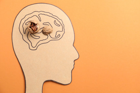 Amnesia problem. Paper cutout of human head, brain drawing and broken walnut on orange background,...