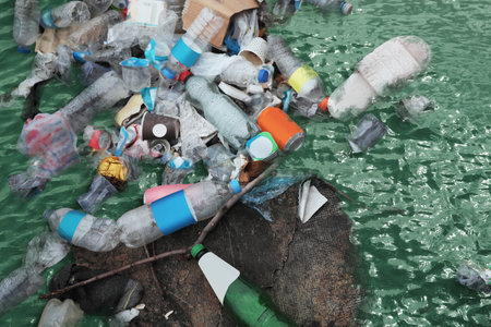 Sea with plastic garbage outdoors. Environmental pollutionの写真素材