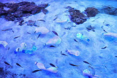 Fishes swimming among plastic bottles in sea. Environmental pollutionの写真素材