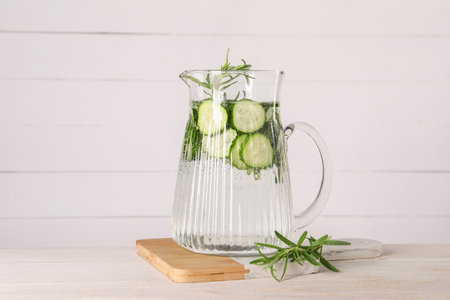 Refreshing cucumber water with rosemary in jug on light wooden tableの写真素材