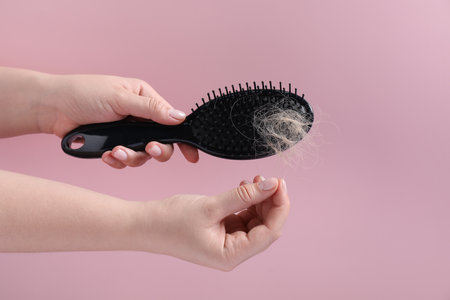 Woman taking her lost hair from brush on pink background, closeup