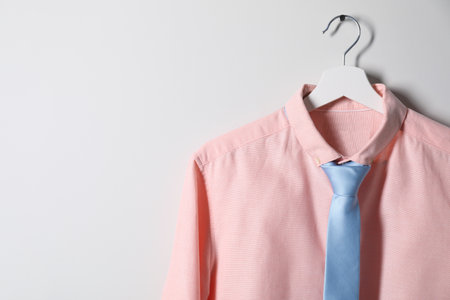 Hanger with shirt and necktie on light wall, space for textの写真素材
