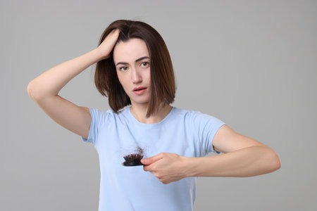 Stressed woman holding brush with lost hair on grey background. Alopecia problemの写真素材