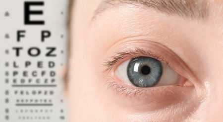 Snellen chart and closeup of woman's eye, selective focus. Vision acuity test