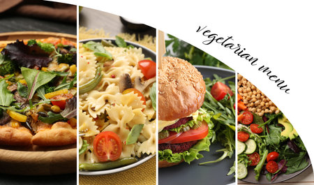 Vegetarian menu, banner design. Collage with different tasty dishesの写真素材