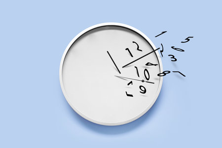 Numerals and hands flying away from clock on light blue background. Time is running out