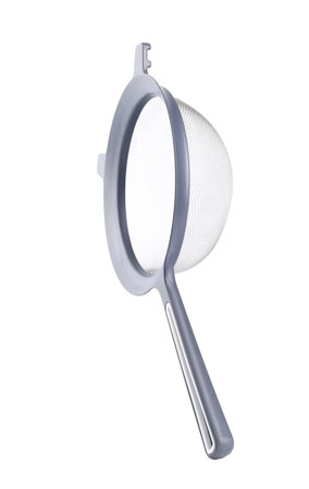 One metal sieve isolated on white. Kitchen utensil