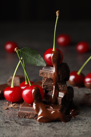 Fresh cherries with dark chocolate on grey textured table, closeupの写真素材